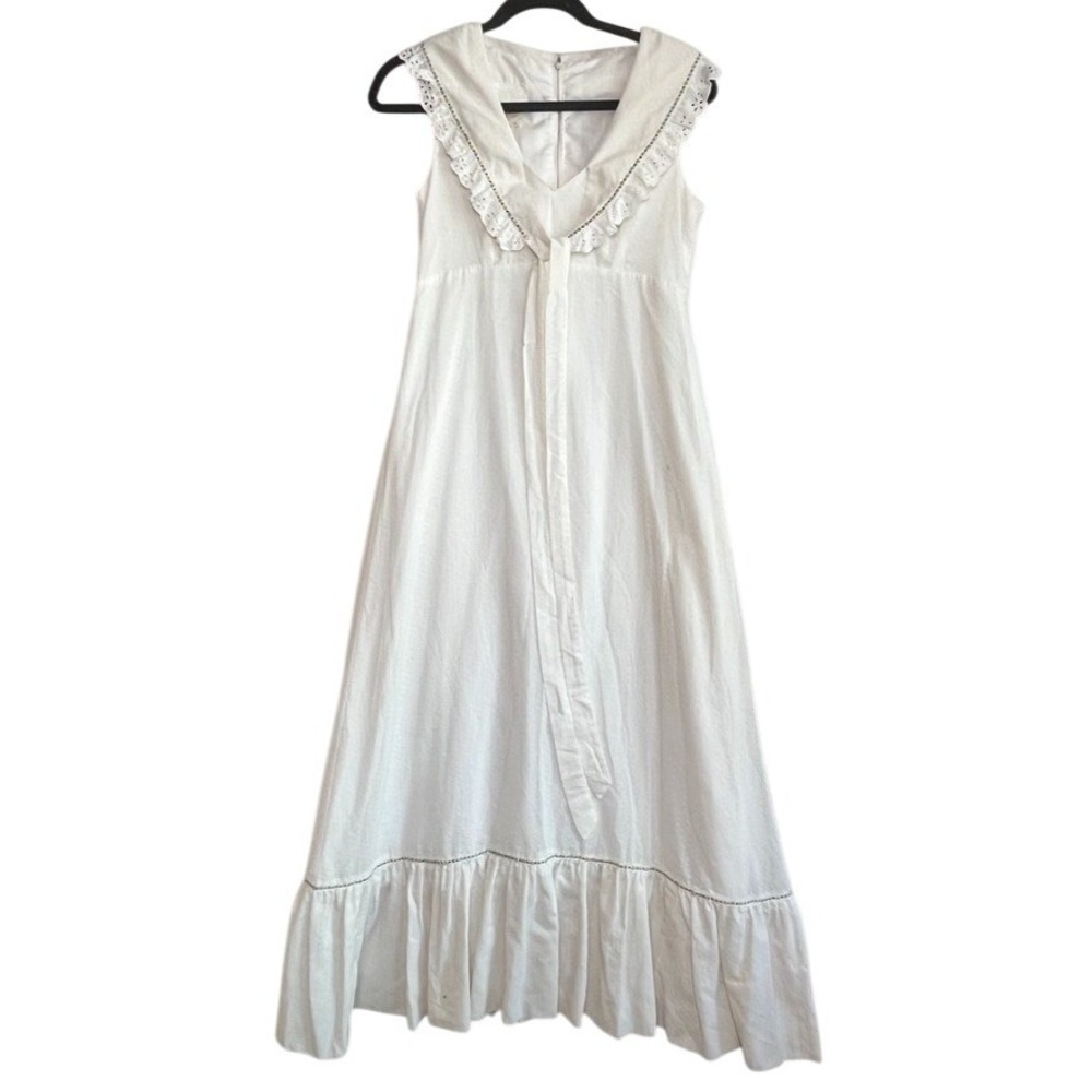 Vtg 60s white Edwardian eyelet floral Maxi Dress‎ Hippie Festival Wedding sz XS